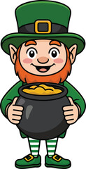 St patricks day cartoon leprechaun holding pot of gold coins smiling cheerful character in green hat and clothes with red beard and rosy cheeks  fun illustration for st patricks day