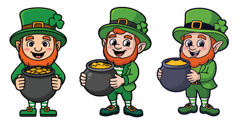 Three cartoon leprechauns with pots of gold coins wearing green hats and clothes smiling and holding cauldrons with gold coins