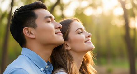 A peaceful couple enjoying fresh air in a park with eyes closed, perfect for relationship goals and nature wellness plans