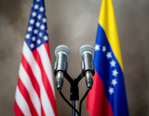 Diplomacy microphones with US and Venezuela flags