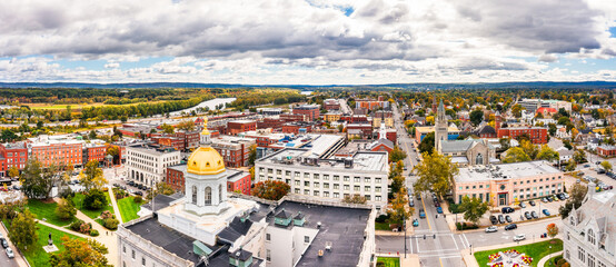 Aerial view of Concord and the New Hampshire State House. The capitol houses the New Hampshire General Court, Governor, and Executive Council.