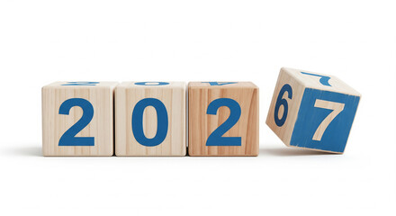 Wooden cubes showing the transition from 2026 to 2027 on white, perfect for business forecasting and new year resolution plans