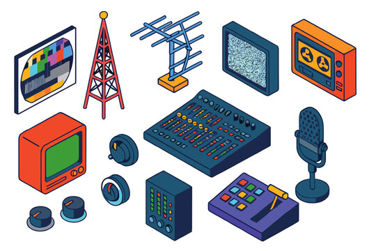 Analog Broadcast Icons. Isometric vector illustration set Analog Broadcast: vintage test pattern grid, tall radio tower, rooftop