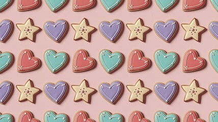  Colorful decorated cookies pattern with hearts and stars on pink background, pastel icing gingerbread in rows arrangement