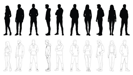 Diverse group of people depicted in silhouettes and line drawings showcasing various poses