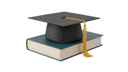 Graduation cap on a textbook, symbolizing education, academia, and achievement isolated on transparent background