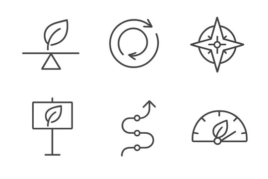 Natural Shift Icons. Line style icons of natural shift indicators: balanced motion leaf, cyclical breeze dial, organic change