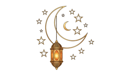 Ramadan lantern with crescent moon and stars decoration isolated on transparent background