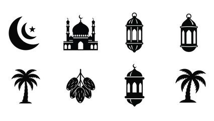 Islamic symbols featuring a crescent moon mosque lanterns and palm trees