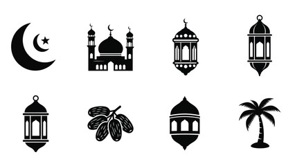 Islamic symbols and elements crescent moon mosque lanterns dates and palm tree