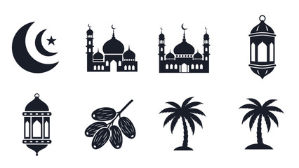 Islamic symbols and elements crescent moon mosque lanterns dates and palm trees