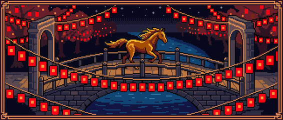Golden pixel art horse runs across a stone bridge decorated with glowing red lanterns during a festive night celebration in a retro 8-bit video game style artwork