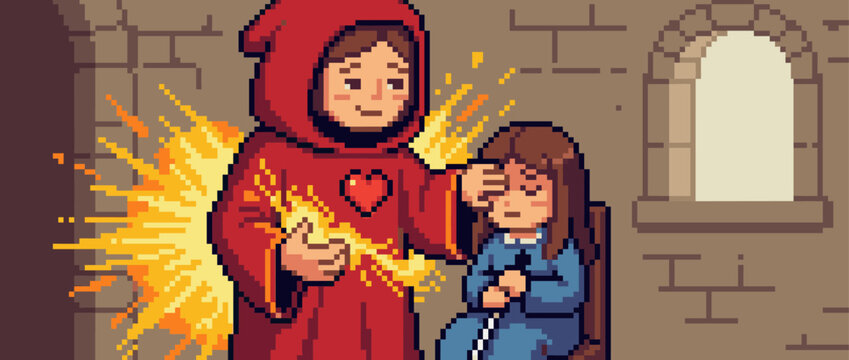 Kind mage in a red hooded robe with a heart symbol casts a glowing healing spell on a young girl sitting in a chair inside a stone castle in a pixel art style