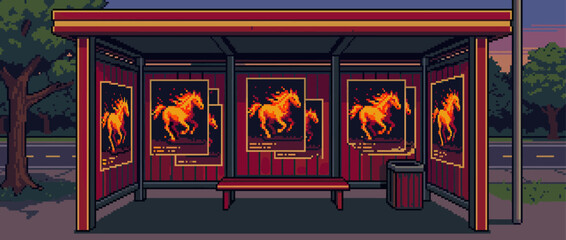 Pixel art bus stop shelter with posters of a fiery horse is depicted in a retro 8-bit video game style, set on a quiet roadside during a peaceful evening twilight