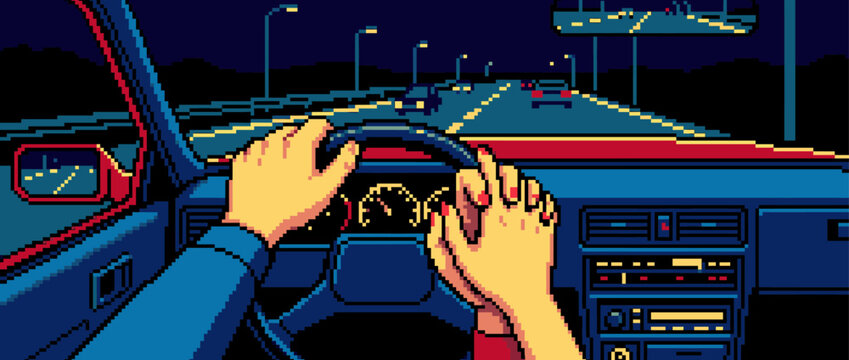 Retro pixel art of a driver's hands on the steering wheel during a night drive on an illuminated freeway, a nostalgic scene with a vintage 8-bit video game aesthetic
