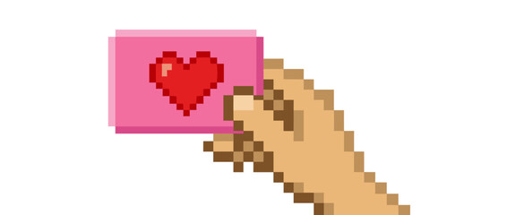 Fototapeta premium Pixelated hand holding a pink card with a red heart icon represents love, affection, and social media likes in a retro 8-bit video game art style illustration