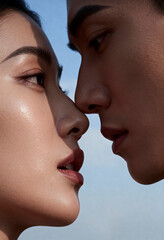 A closeup image captures a man and woman inches apart focusing on their faces under soft daylight with a clear blue sky background highlighting facial features and smooth skin textures