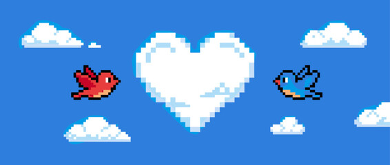 Fototapeta premium Two red and blue pixel art birds flying towards a romantic heart-shaped cloud in a nostalgic 8-bit video game style illustration for a lovely greeting