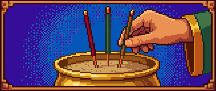 Hand carefully placing colorful burning incense sticks into a golden censer, a detailed pixel art scene depicting a spiritual ritual, prayer, or traditional offering