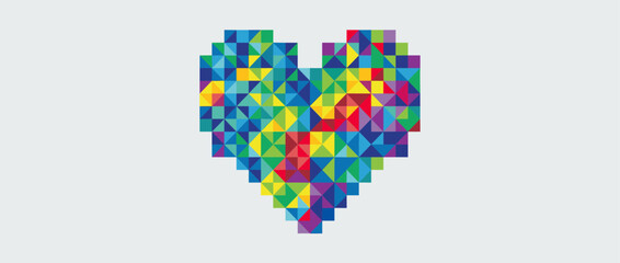 Colorful geometric heart made of vibrant triangles and squares in a pixelated mosaic pattern symbolizing love, digital romance, and modern affection in a low-poly style