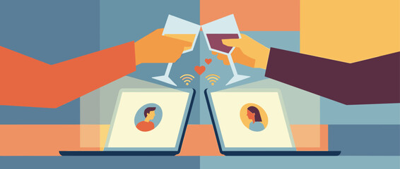 Two hands holding wine glasses make a celebratory toast over laptops during a virtual date, symbolizing a modern long-distance relationship and online romance with heart icons