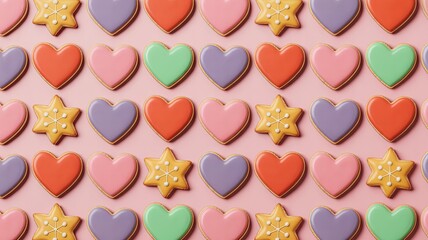 Colorful decorated cookies pattern with hearts and stars on pink background, pastel icing gingerbread in repeating arrangement