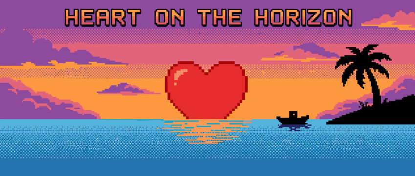 Romantic 8-bit pixel art scene showing a large red heart setting like the sun on the horizon over a digital ocean with a tropical island silhouette