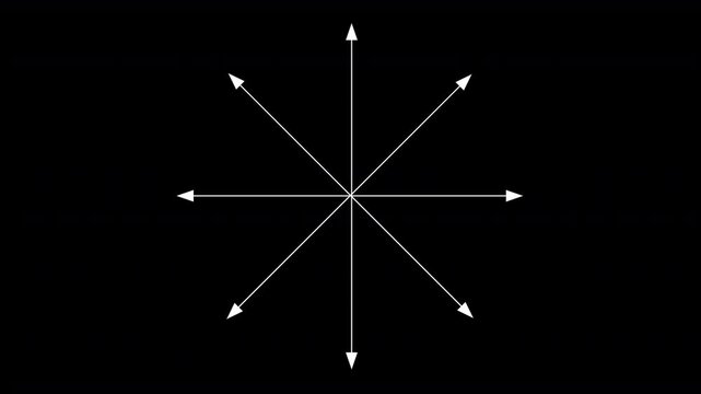 white direction thin arrows growing from a centre point and spreading in eight (8) different directions similar to the main points of a compass 4K animation isolated on a plain black background