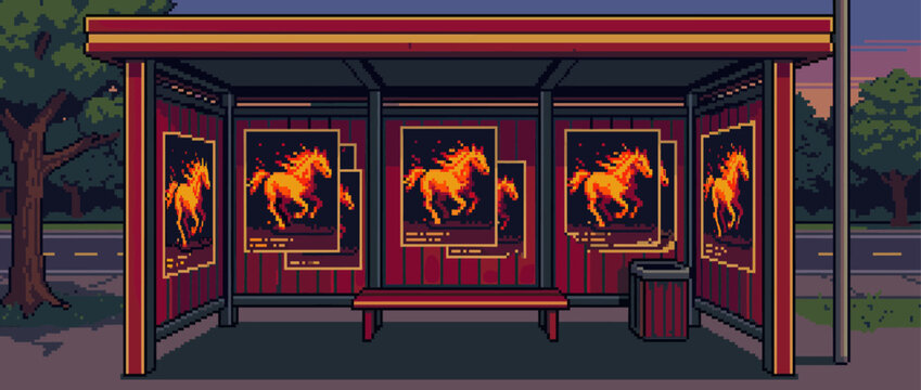 Pixel art bus stop shelter with posters of a fiery horse is depicted in a retro 8-bit video game style, set on a quiet roadside during a peaceful evening twilight - Powered by Adobe