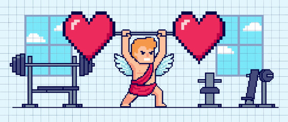 Pixel art cupid character lifting a heavy barbell with large red hearts as weights in a gym, a humorous concept for Valentine's Day, fitness, and strong love