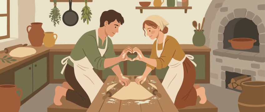 Romantic man and woman in aprons roll out dough together, joining their floured hands to form a heart shape in a warm, rustic kitchen with a traditional stone oven