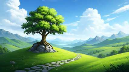 Lush green rolling hills with a solitary ancient tree on a rocky outcrop beside a winding stone path under a bright blue sky