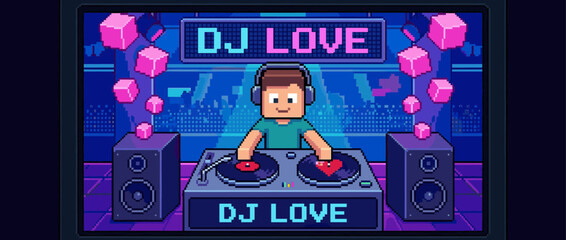 Pixel art DJ character with headphones plays electronic music on a turntable deck with a heart on the vinyl record in a vibrant, retro 8-bit video game scene with speakers