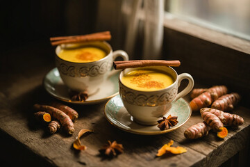 Two mugs of golden turmeric latte with cinnamon sticks