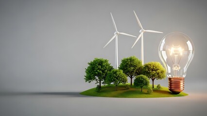 Small green island with wind turbines and glowing light bulb on grassy terrain under grey sky