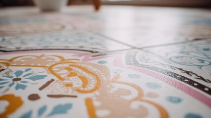 Naklejka premium Close up perspective focuses on colorful geometric patterns decorating interior floor covering