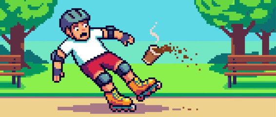 Fototapeta premium Pixel art character on roller skates wearing a helmet and pads loses balance and falls, spilling a hot cup of coffee in a clumsy and comical accident with a retro 8-bit aesthetic