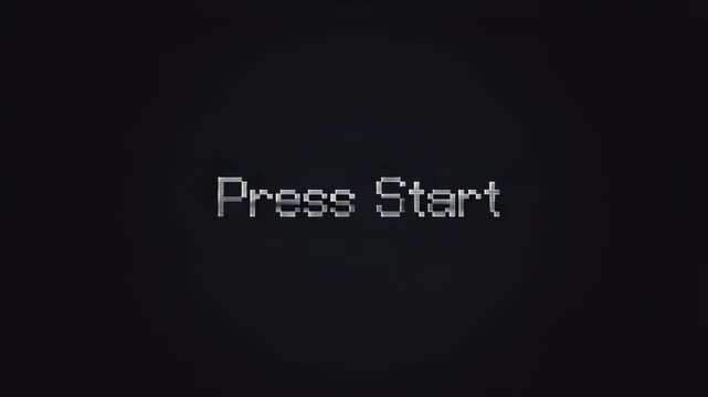 Glitchy "Press Start" text on a dark background. Represents the beginning of a video game experience, inviting players to engage