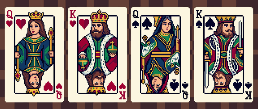 Four pixel art playing cards showing the King and Queen of Hearts and Spades in a retro 8-bit video game style illustration for a classic casino or gambling concept