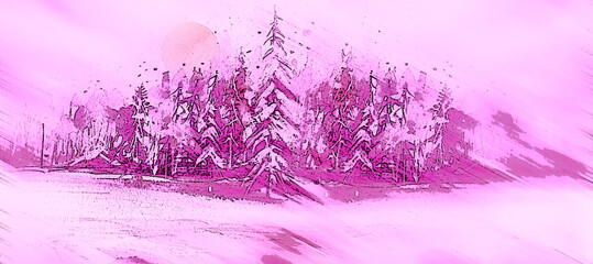 Watercolor painting, illustration, greeting card. Forest, suburban landscape, silhouettes of fir trees, pines, trees and bushes, the night sky with stars. Blue, purple color. Misty Mystical Forest