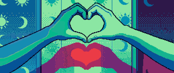 Two pixel art hands forming a heart shape gesture as a symbol of love and connection in a nostalgic, retro 8-bit video game aesthetic with cool blue and green tones