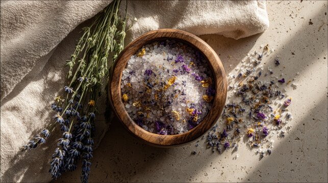 Rustic bowl of bath salts with dried herbs and flowers in natural sunlight on stone surface