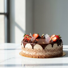 Chocolate cake decorated with fresh strawberries and macarons on white surface, minimalist interior with natural window light