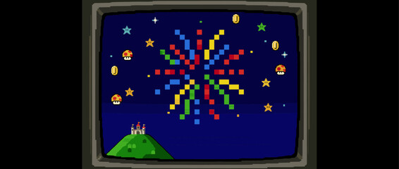 Retro pixel art video game scene on an old monitor shows a colorful firework celebration over a castle with floating golden coins, stars, and mushrooms in a nostalgic 8-bit style