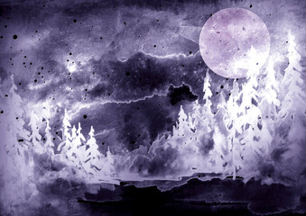 Watercolor painting, illustration, greeting card. Forest, suburban landscape, silhouettes of fir trees, pines, trees and bushes, the night sky with stars. Blue, purple color. Misty Mystical Forest