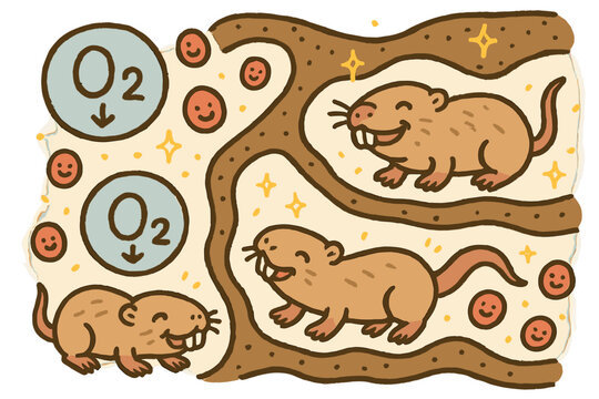 Happy Mole-Rats Adventure. Cheerful doodle oxygen deprivation tolerance scene with happy mole-rats in tunnels, cartoon bubbles