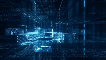 Futuristic digital tunnel with glowing blue lines and data streams. Represents advanced technology and data visualization in a virtual environment - Powered by Adobe