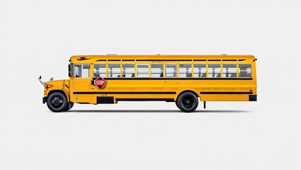 Yellow school bus side view isolated on light gray background, American student transportation vehicle with stop sign