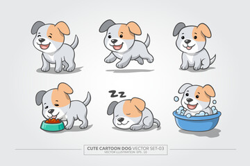 Set of Cute Cartoon Puppy Poses, sitting, running, eating, bathing, and sleeping pose vector illustration image.