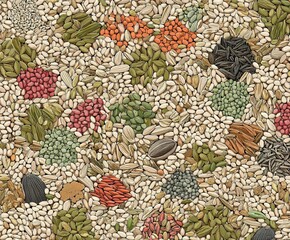 Fototapeta premium Colorful assortment of seeds, nuts, and spices arranged on a flat surface